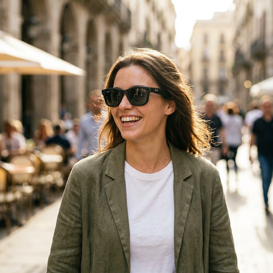 Mujer llevando puestas las gafas inteligentes Ray-Ban Meta mientras camina por una calle urbana